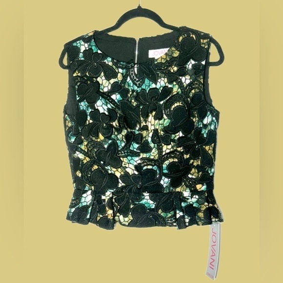 NWT Jovani Black, Green, & Yellow Lace Peplum Top, Built-In Bra, Back Zipper, 12 - Picture 6 of 16